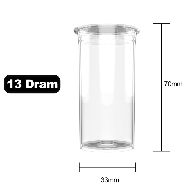 13 Dram Dragon Chewer Clear Pop Top bottles containers vials diagram size template 1 one gram poptop cheap translucent transparent 