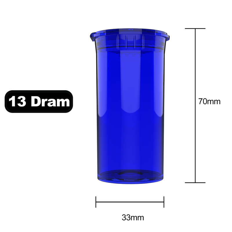 13 Dram Dragon Chewer Translucent Blue Pop Top bottles containers vials diagram size template 1 one gram poptop cheap translucent transparent 
