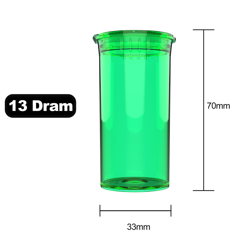 13 Dram Dragon Chewer Translucent Green Pop Top bottles containers vials diagram size template 1 one gram poptop cheap translucent transparent 