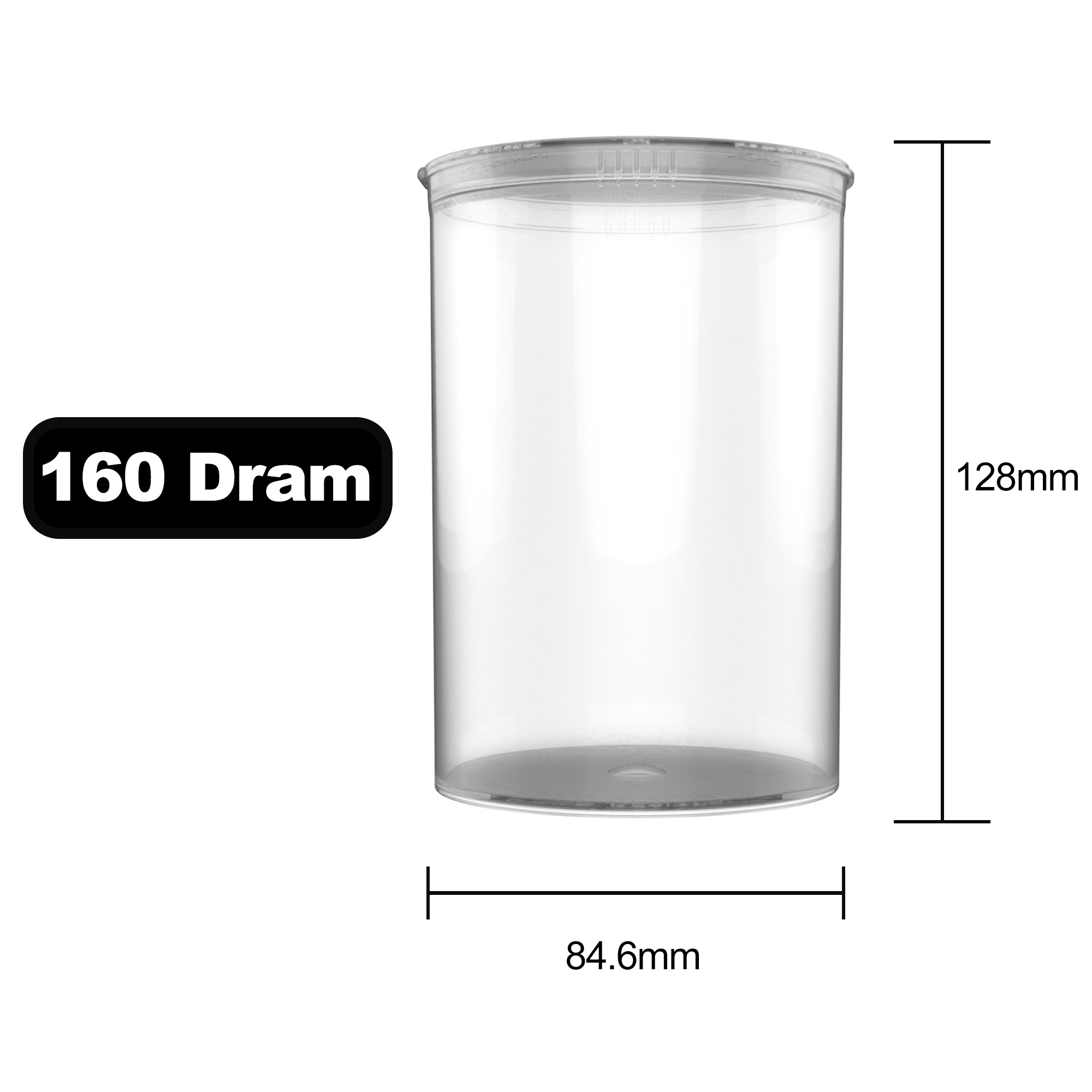 160 dram clear squeeze top pop 120 large big ounce CR child proof dragon chewer HL highlock wholesale bulk cheap packaging containers bottles vials size diagram template
