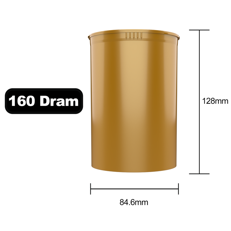 160 Dram Dragon Chewer Gold big large wide mouth Pop Top bottles containers vials diagram size template 1 ounce oz poptop cheap