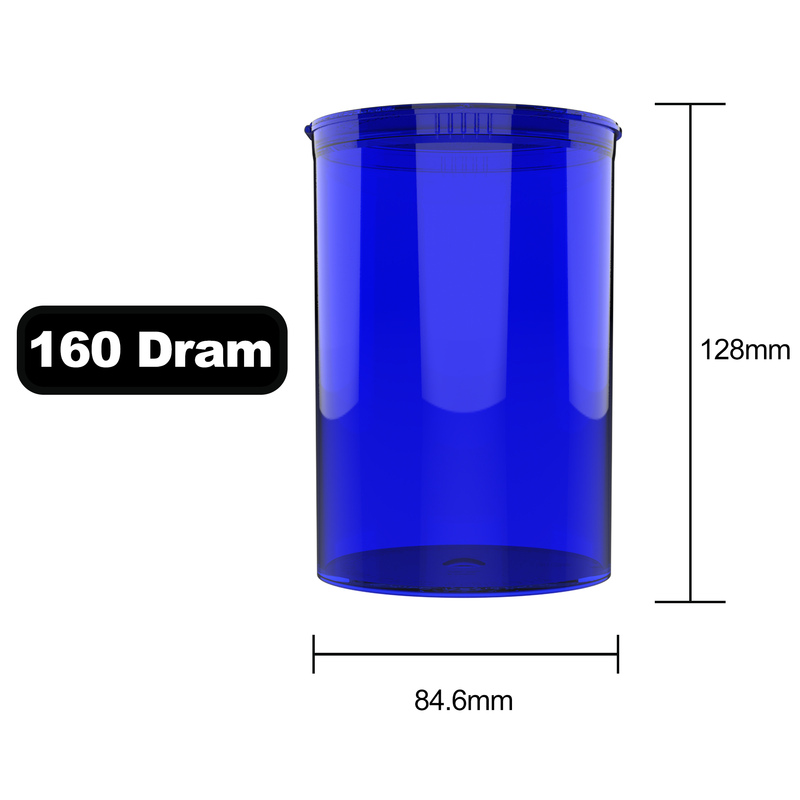 160 Dram Dragon Chewer Blue big large wide mouth Pop Top bottles containers vials diagram size template 1 ounce oz poptop cheap transparent translucent