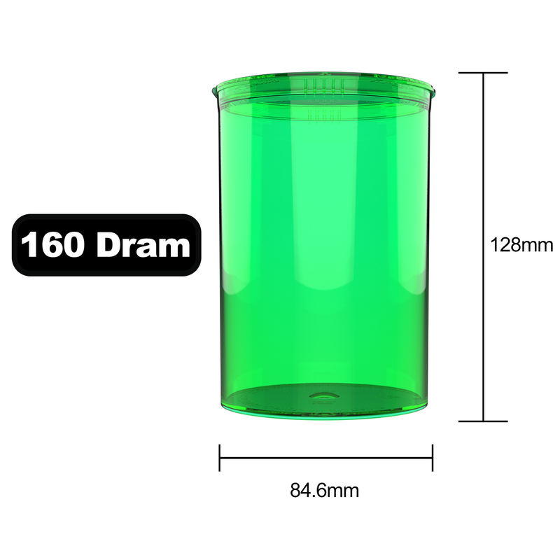 160 Dram Dragon Chewer Green big large wide mouth Pop Top bottles containers vials diagram size template 1 ounce oz poptop cheap transparent translucent