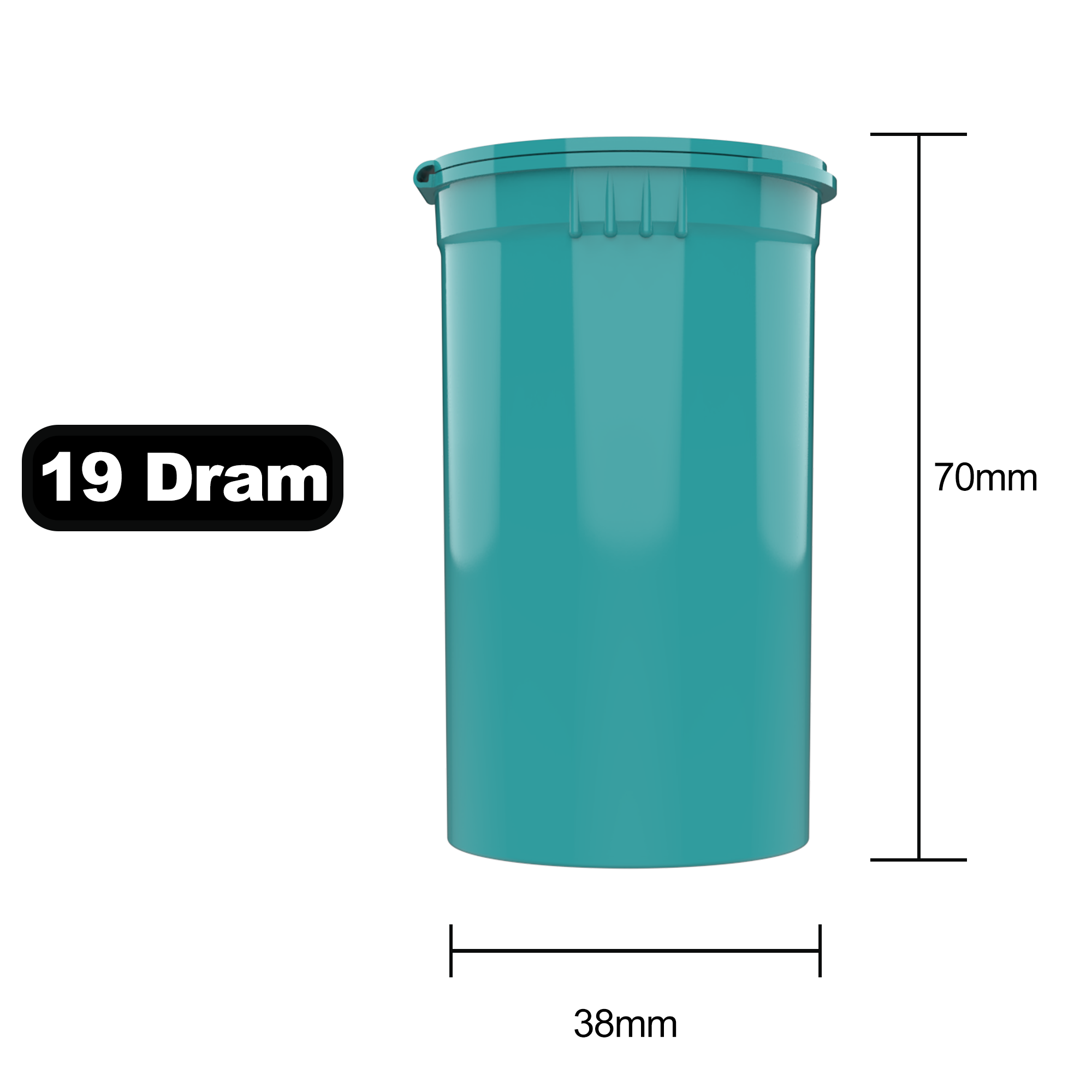 19 Dram Dragon Chewer Aqua Pop Top bottles containers vials diagram size template 1/8th ounce 3.5 gram eighth oz ounce poptop cheap