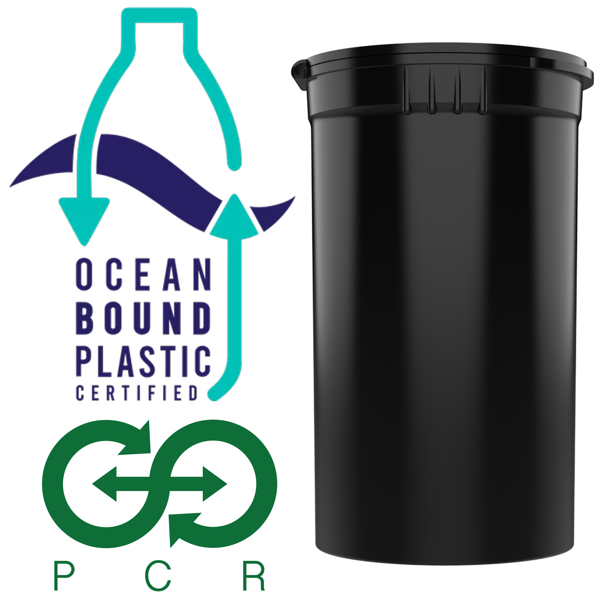 19 Dram Black Recycled Ocean Plastic PCR Child Resistant Pop Top Bottles (225 qty.) - Dragon Chewer
