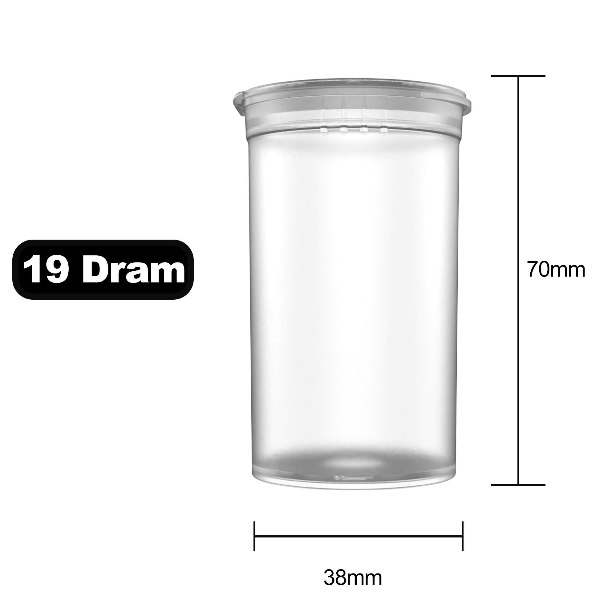19 Dram Dragon Chewer Clear Pop Top bottles containers vials diagram size template 1/8th ounce 3.5 gram eighth oz ounce poptop cheap translucent transparent
