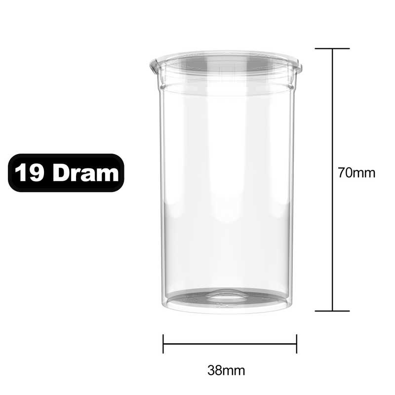 19 Dram Dragon Chewer Clear Pop Top bottles containers vials diagram size template 1/8th ounce 3.5 gram eighth oz ounce poptop cheap translucent transparent