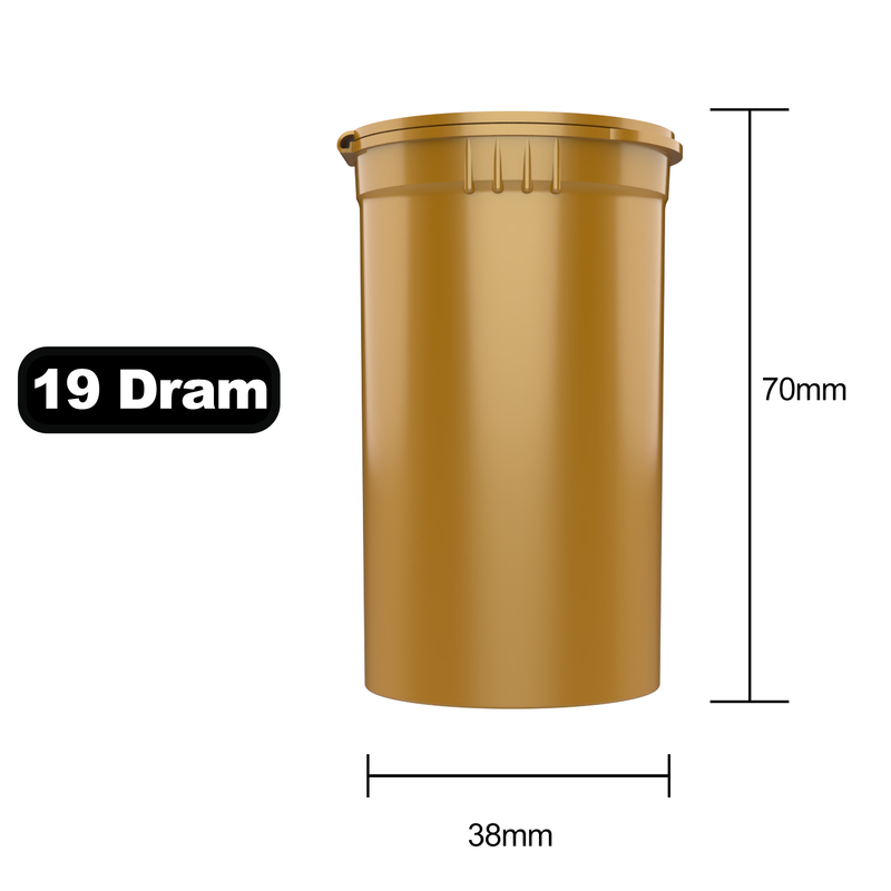 19 Dram Dragon Chewer Gold Pop Top bottles containers vials diagram size template 1/8th ounce 3.5 gram eighth oz ounce poptop cheap