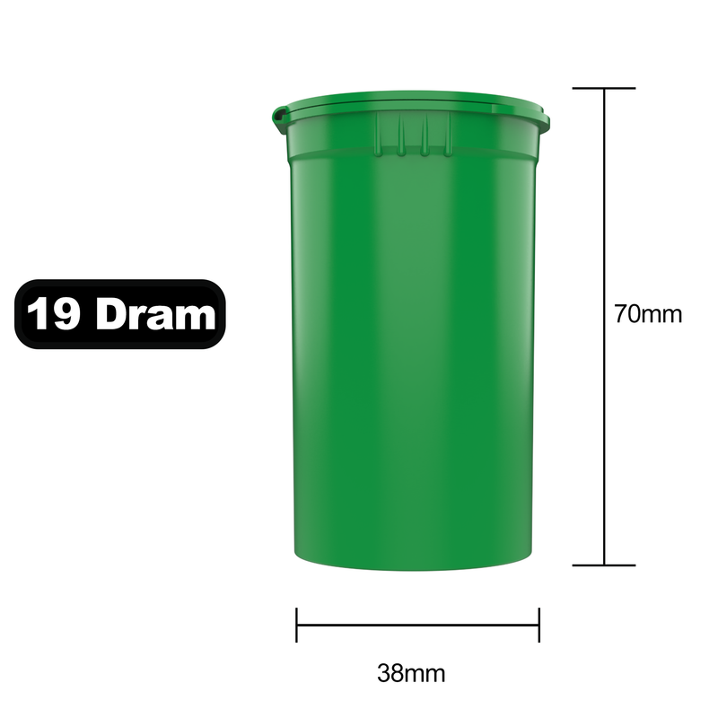 19 Dram Dragon Chewer Green Pop Top bottles containers vials diagram size template 1/8th ounce 3.5 gram eighth oz ounce poptop cheap