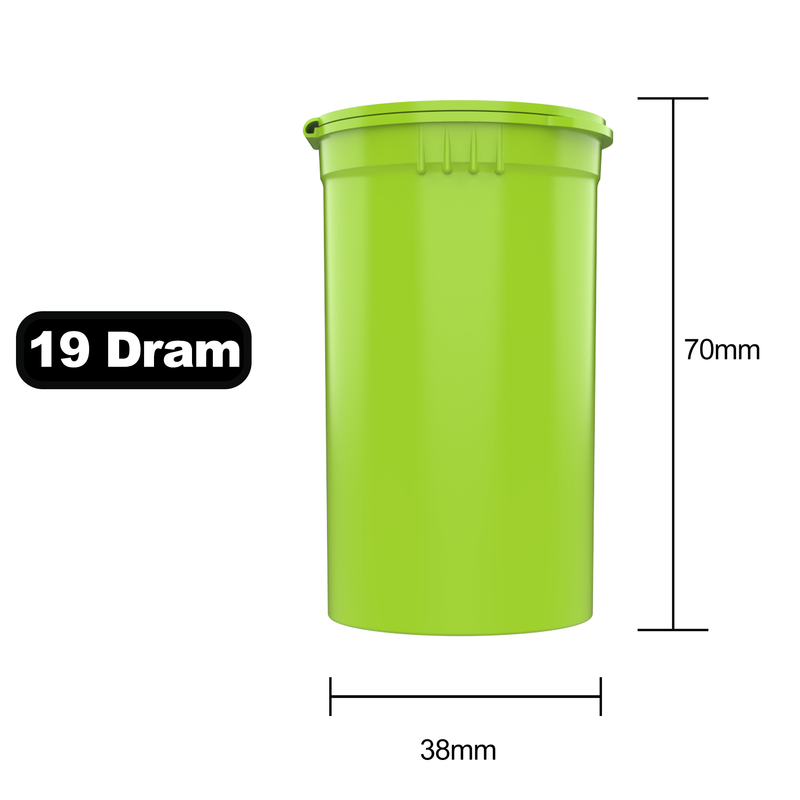 19 Dram Dragon Chewer Lime Green Pop Top bottles containers vials diagram size template 1/8th ounce 3.5 gram eighth oz ounce poptop cheap