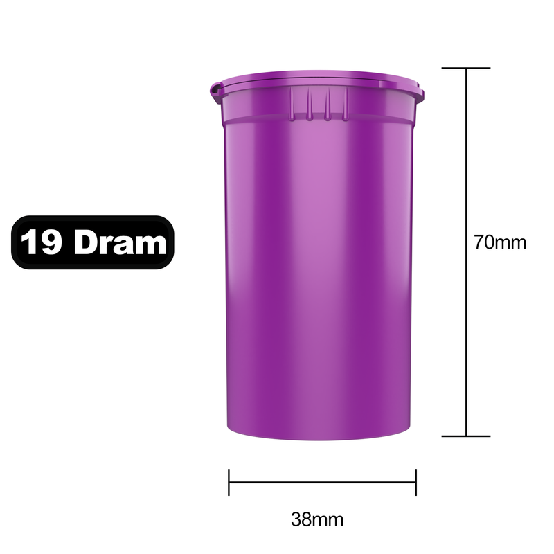 19 Dram Dragon Chewer Purple Pop Top bottles containers vials diagram size template 1/8th ounce 3.5 gram eighth oz ounce poptop cheap