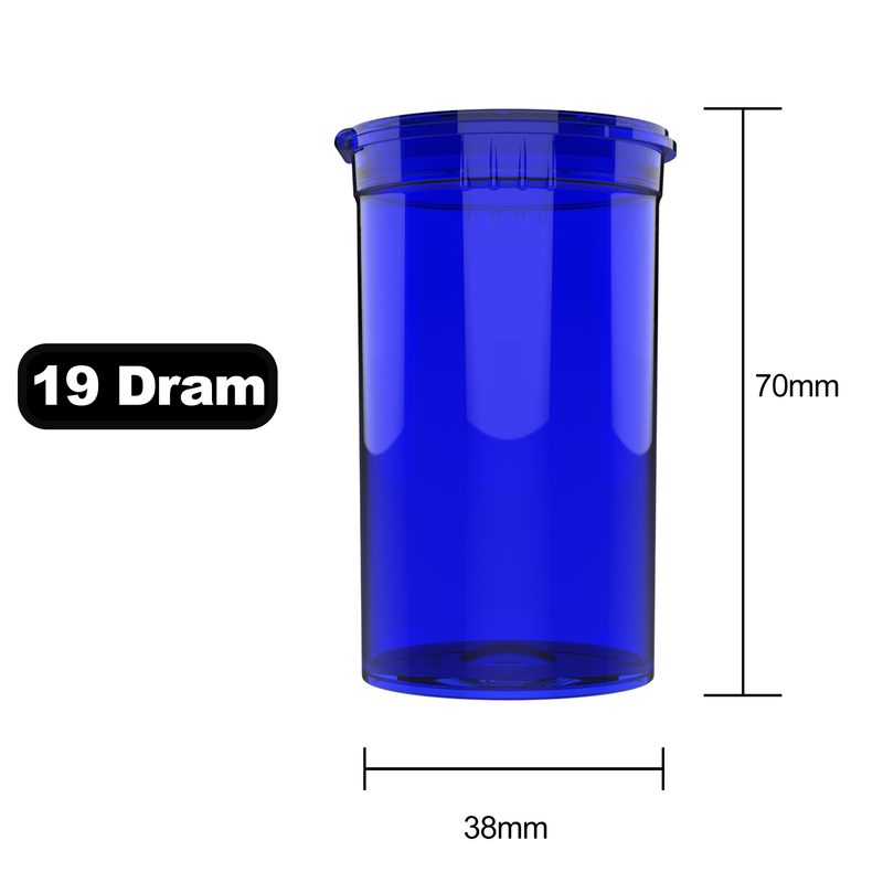 19 Dram Dragon Chewer Translucent Blue Pop Top bottles containers vials diagram size template 1/8th ounce 3.5 gram eighth oz ounce poptop cheap translucent transparent
