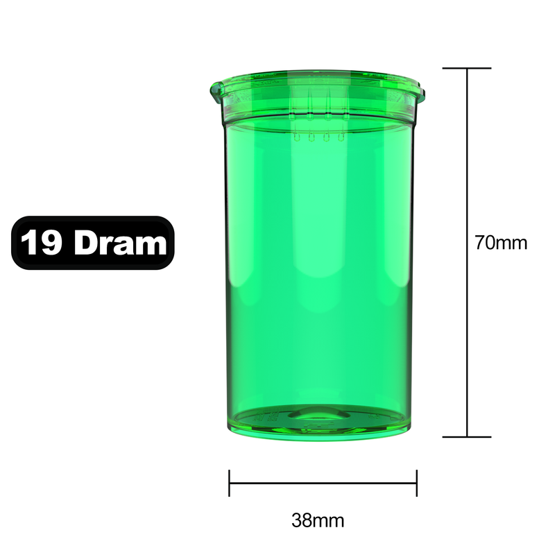 19 Dram Dragon Chewer Translucent Green Pop Top bottles containers vials diagram size template 1/8th ounce 3.5 gram eighth oz ounce poptop cheap translucent transparent