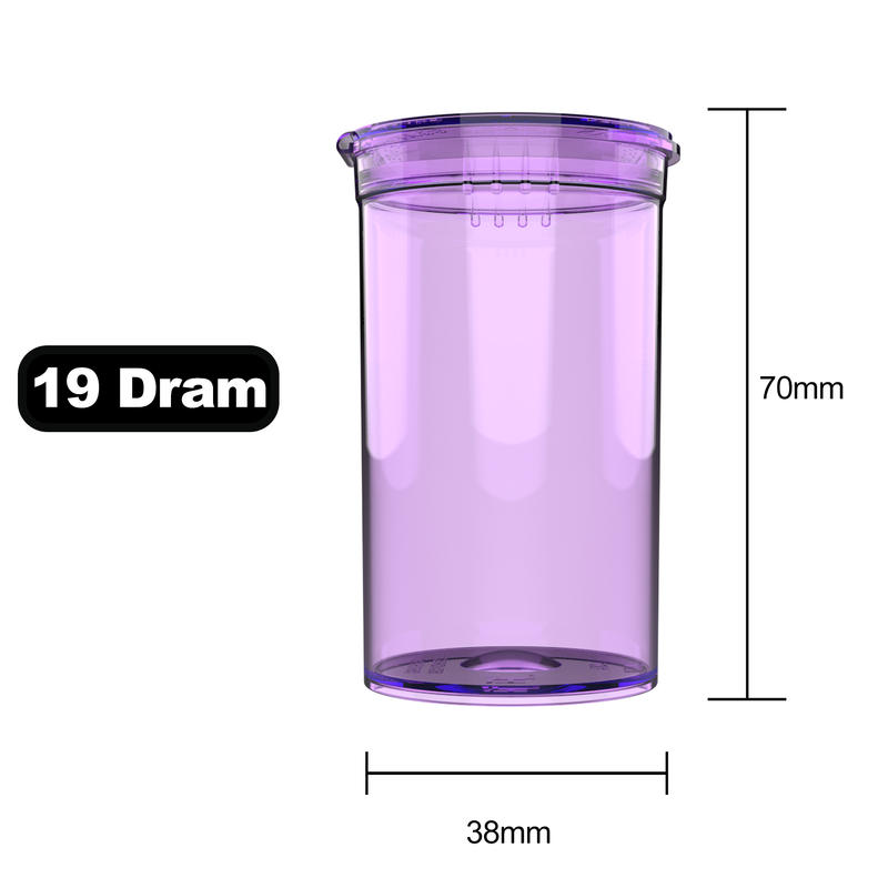 19 Dram Dragon Chewer Translucent Purple Pop Top bottles containers vials diagram size template 1/8th ounce 3.5 gram eighth oz ounce poptop cheap translucent transparent