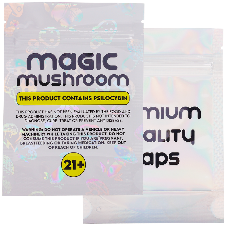 1/8th 3.5g 8th Holographic White Designer Mushroom Custom Printed Mylar Bags (100 qty.)