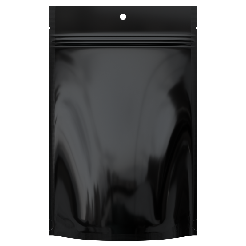 Gloss Black Vista Clear Hang Hole Dragon Chewer 28g ounce smell proof mylar bags by HIGHLOCK. Best thick wholesale bulk dispensary custom child resistant packaging 420 barrier bags tamper evident resealable large food storage heat sealable