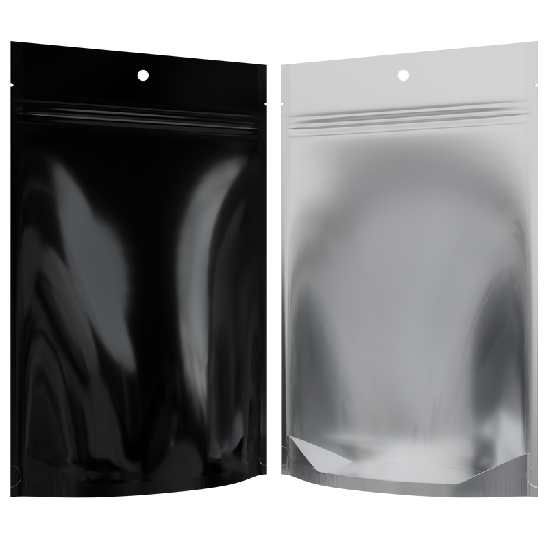 Hang Hole Gloss Black Vista Clear Translucent Transparent Dragon Chewer 28g ounce smell proof mylar bags by HIGHLOCK. Best thick wholesale bulk dispensary custom child resistant packaging 420 barrier bags tamper evident resealable large food storage 50 pack 6x9x2