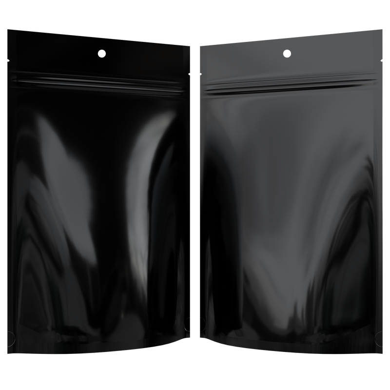 Gloss Black Opaque Hang Hole Dragon Chewer 28g ounce smell proof mylar bags by HIGHLOCK. Best thick wholesale bulk dispensary custom child resistant packaging 420 barrier bags tamper evident resealable large food storage near me nearby