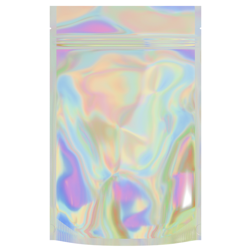 Gloss Holographic Vista Holographic Dragon Chewer 28g ounce smell proof mylar bags by HIGHLOCK. Best thick wholesale bulk dispensary custom child resistant packaging 420 barrier bags tamper evident resealable large food storage heat sealable