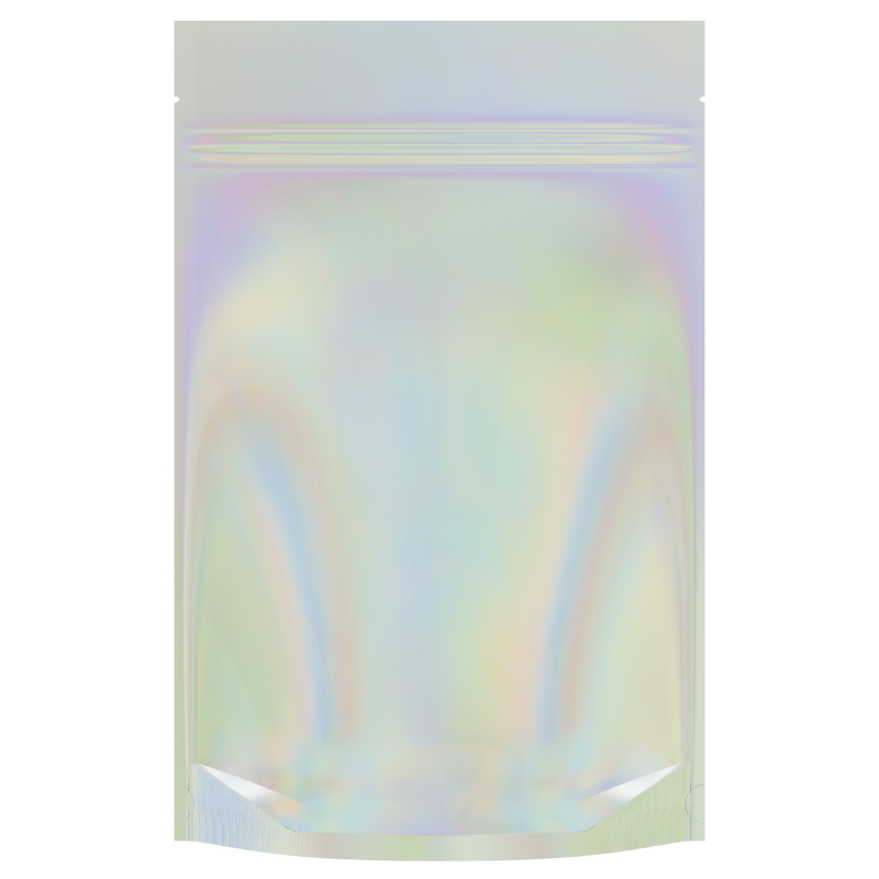 Gloss Holographic Vista Clear Dragon Chewer 28g ounce smell proof mylar bags by HIGHLOCK. Best thick wholesale bulk dispensary custom child resistant packaging 420 barrier bags tamper evident resealable large food storage heat sealable tear notches