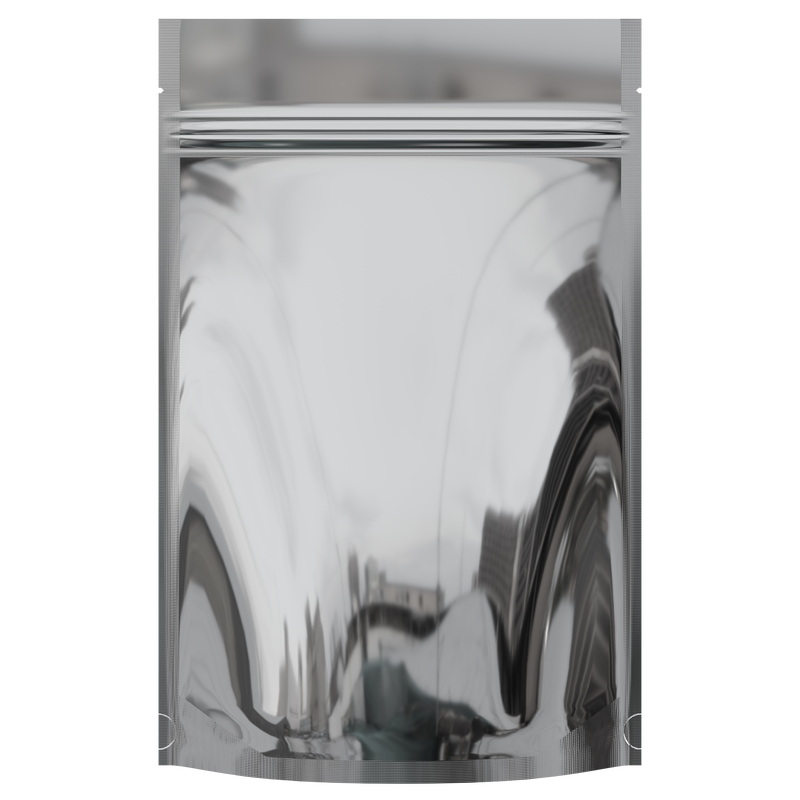 Gloss Silver Vista Holographic Dragon Chewer 28g ounce smell proof mylar bags by HIGHLOCK. Best thick wholesale bulk dispensary custom child resistant packaging 420 barrier bags tamper evident resealable large food storage heat sealable