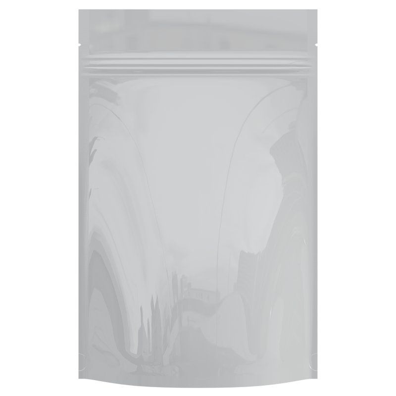 Gloss White Opaque Dragon Chewer 28g ounce smell proof mylar bags by HIGHLOCK. Best thick wholesale bulk dispensary custom child resistant packaging 420 barrier bags tamper evident resealable large food storage heat sealable 50 pack 6x9x2