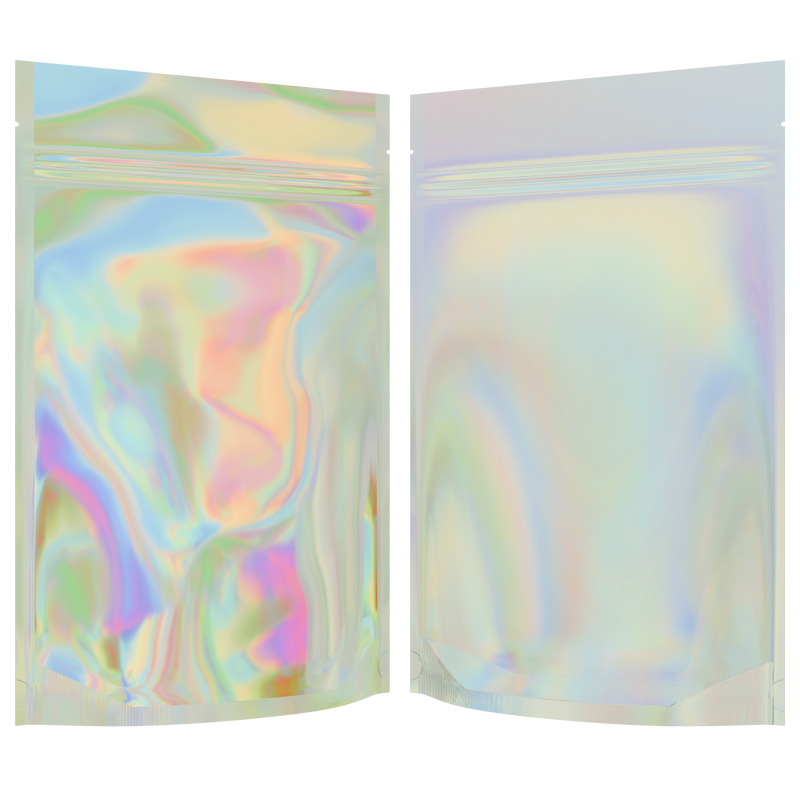 Gloss Holographic Vista Clear Translucent Transparent Dragon Chewer 28g ounce smell proof mylar bags by HIGHLOCK. Best thick wholesale bulk dispensary custom child resistant packaging 420 barrier bags tamper evident resealable large food storage near me nearby