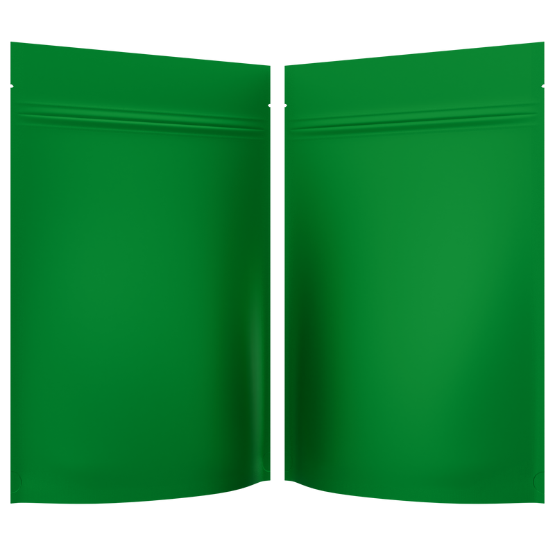 Matte Green Opaque Foil Metal Dragon Chewer 28g ounce smell proof mylar bags by HIGHLOCK. Best thick wholesale bulk dispensary custom child resistant packaging 420 barrier bags tamper evident resealable large food storage 50 pack 6x9x2