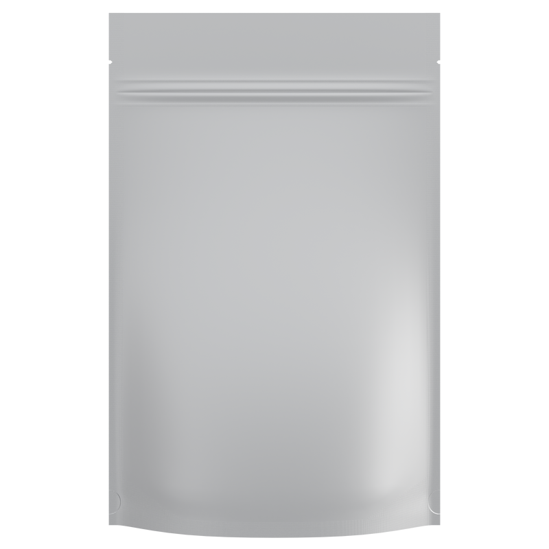 Matte White Foil Metal Vista Clear Dragon Chewer 28g ounce smell proof mylar bags by HIGHLOCK. Best thick wholesale bulk dispensary custom child resistant packaging 420 barrier bags tamper evident resealable large food storage heat sealable 50 pack 6x9x2