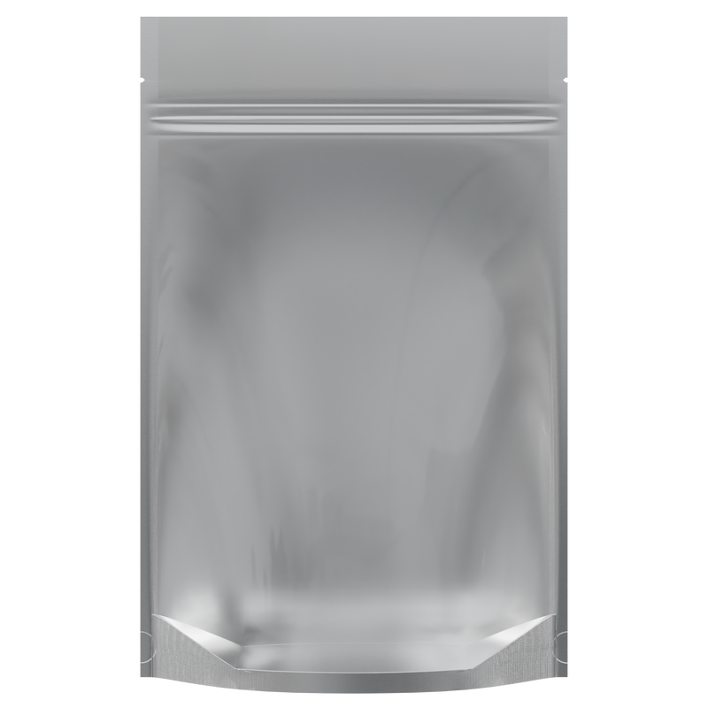 Matte White Foil Metal Vista Clear Dragon Chewer 28g ounce smell proof mylar bags by HIGHLOCK. Best thick wholesale bulk dispensary custom child resistant packaging 420 barrier bags tamper evident resealable large food storage heat sealable tear notches 50 pack 6x9x2