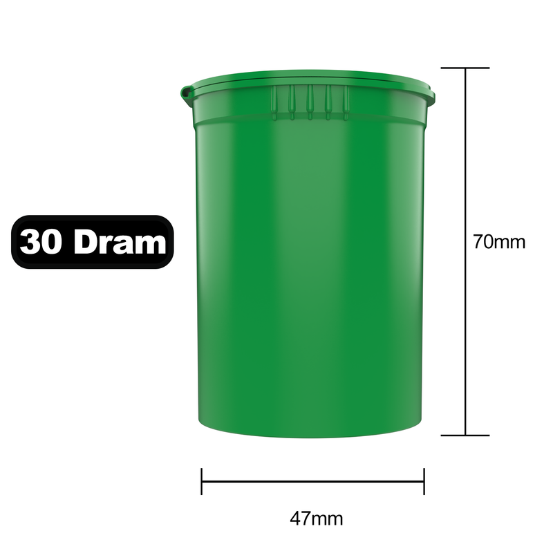 30 Dram Dragon Chewer Green Big Pop Top diagram size template 1/8th ounce 3.5 gram 1/4th ounce poptop cheap