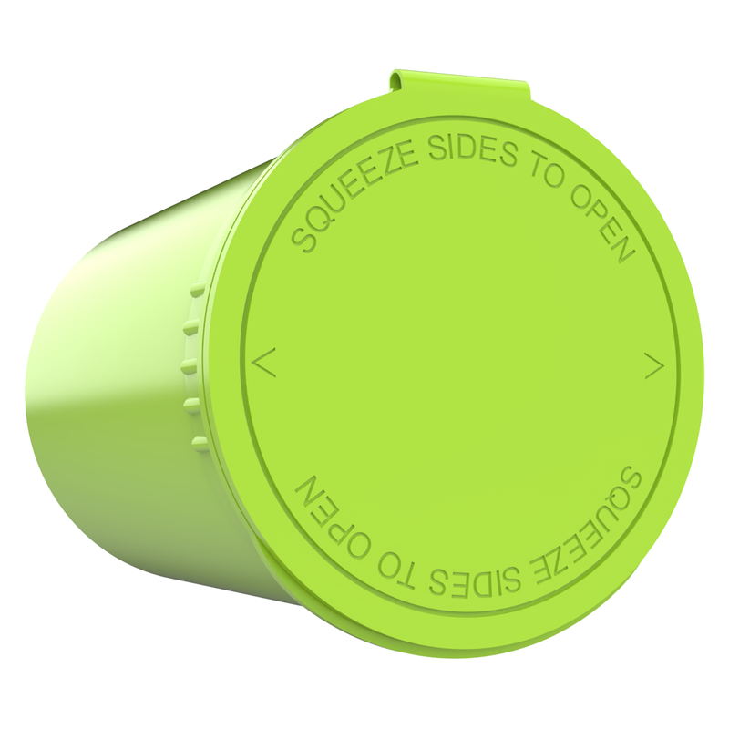 30 Dram Lime Green Dragon Chewer opaque pop top tube no odor smell proof containers fast shipping. Capacity 14 gram 1/2 half ounce long term food storage empty wholesale with lids
