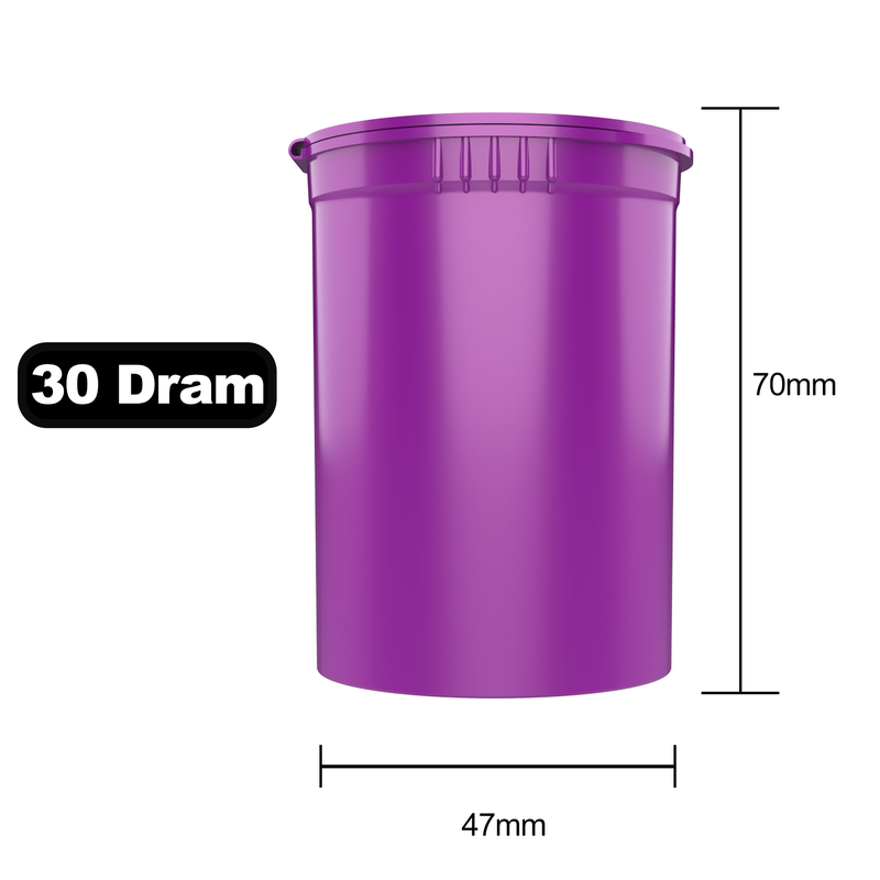 30 Dram Dragon Chewer Purple Big Pop Top diagram size template 1/8th ounce 3.5 gram 1/4th ounce poptop cheap