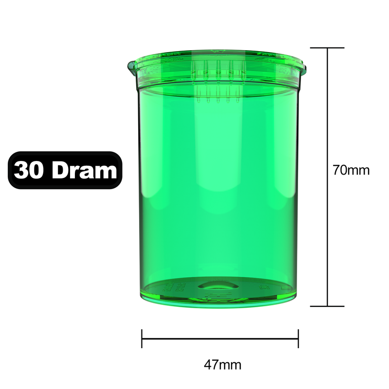 30 Dram Dragon Chewer Translucent Green Big Pop Top diagram size template 1/8th ounce 3.5 gram 1/4th ounce poptop cheap translucent transparent