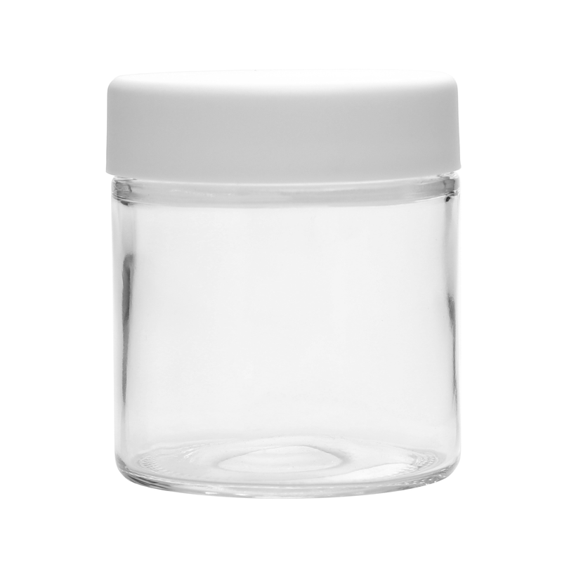 3 ounce oz glass jars with lids wholesale bulk clear CR white cap child resistant compliant packaging containers dragon chewer child proof designs 3.5 gram 1/8th airtight smell proof