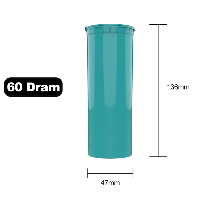 60 Dram Dragon Chewer Aqua Big Pop Top diagram size template. Capacity 14 gram 1/2 half ounce. 