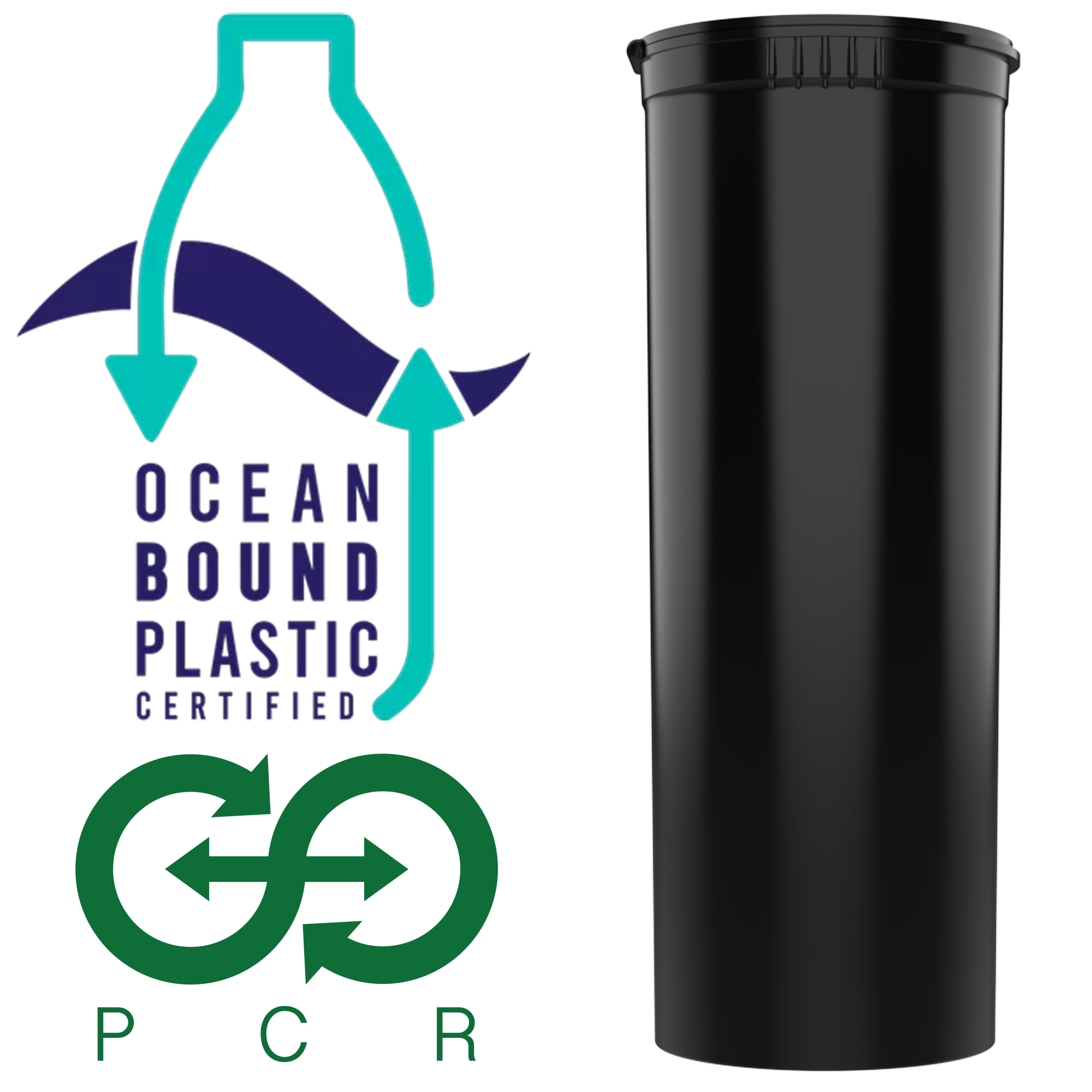 60 Dram Black Recycled Ocean Plastic PCR Child Resistant Pop Top Bottles (75 qty.) - Dragon Chewer