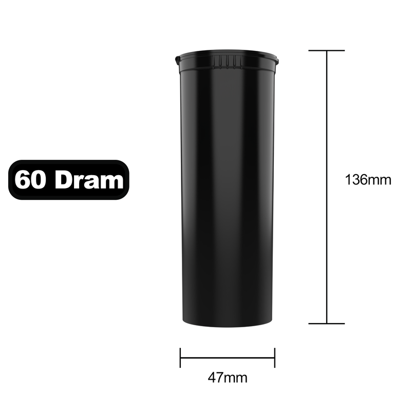 60 Dram Dragon Chewer Black Big Pop Top diagram size template. Capacity 14 gram 1/2 half ounce. 7 gram 1/4 ounce.