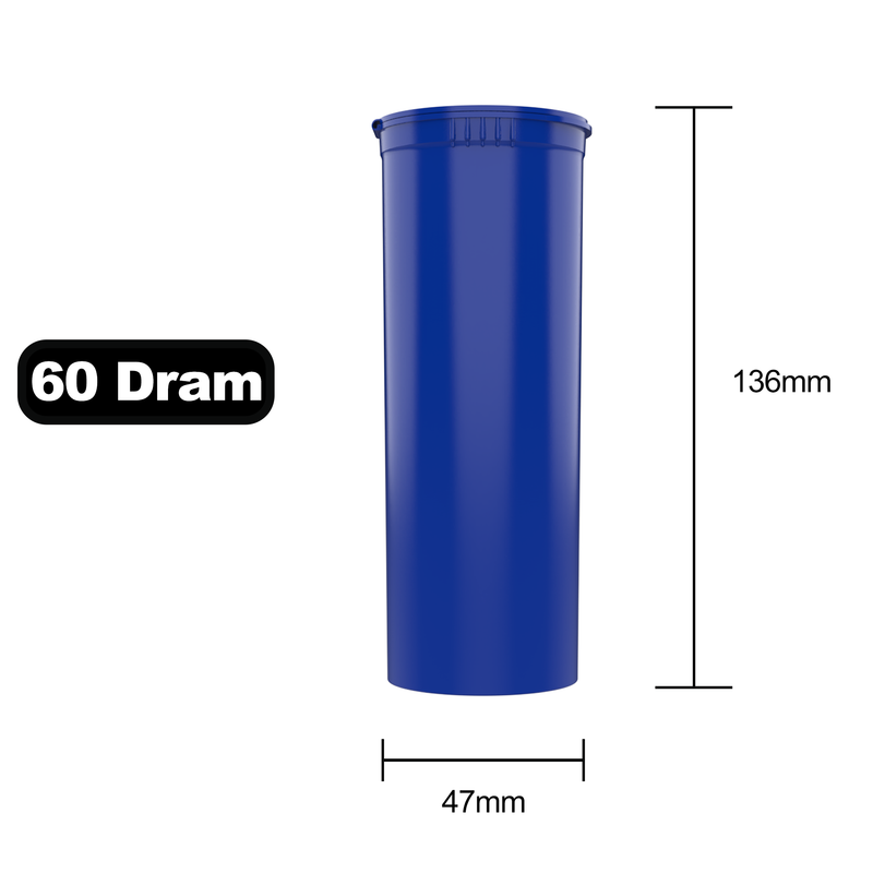 60 Dram Dragon Chewer Blue Big Pop Top diagram size template. Capacity 14 gram 1/2 half ounce. 