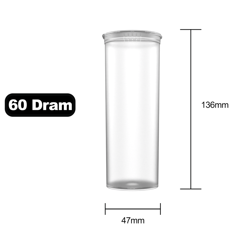 60 Dram Dragon Chewer transparent Clear Big Pop Top diagram size template. See thru see through marijuana packaging. Capacity 14 gram 1/2 half ounce.