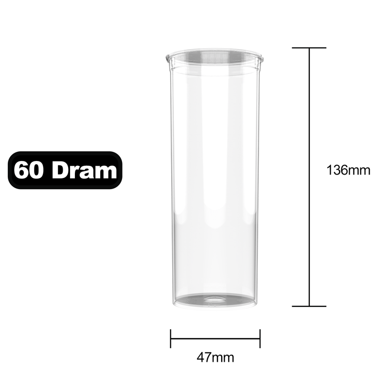 60 Dram Dragon Chewer transparent Clear Big Pop Top diagram size template. See thru see through marijuana packaging. Capacity 14 gram 1/2 half ounce. 