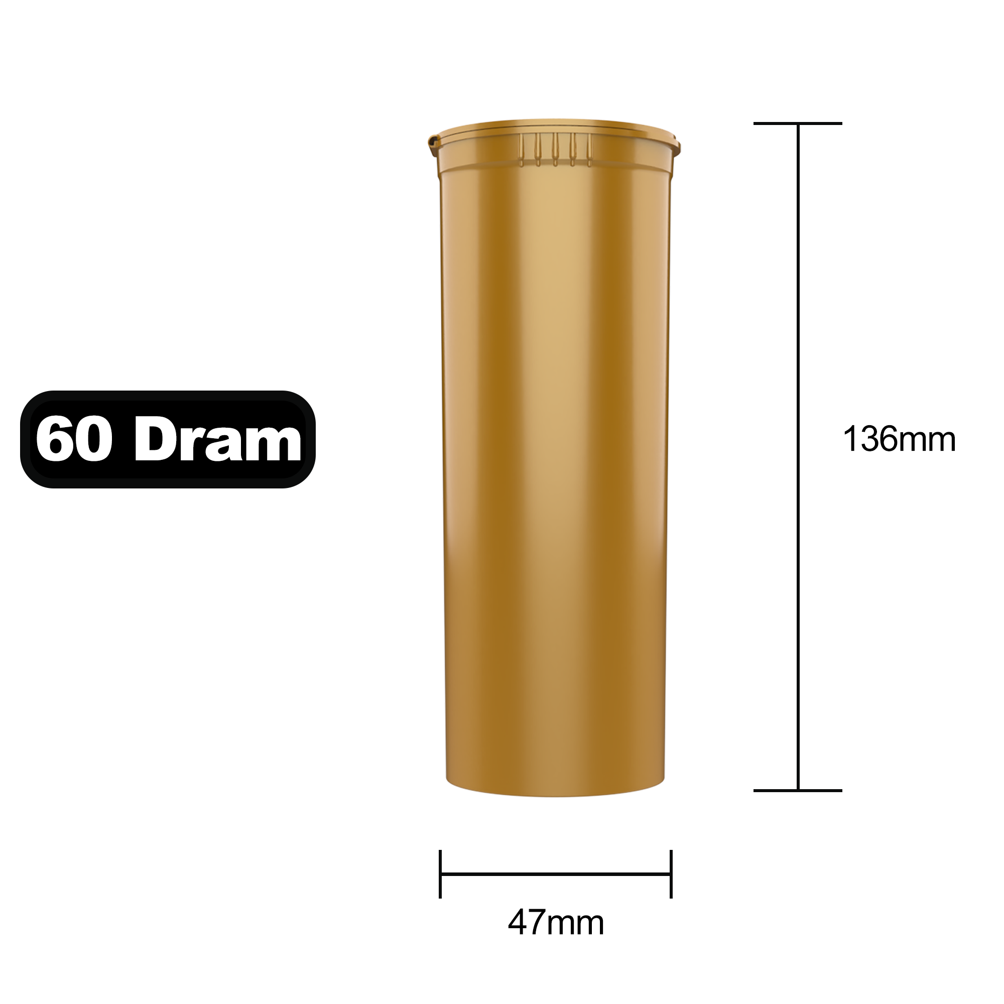 60 Dram Dragon Chewer Gold Big Pop Top diagram size template. Capacity 14 gram 1/2 half ounce. 7 gram 1/4 ounce.