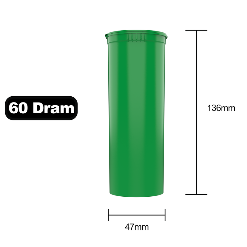 60 Dram Dragon Chewer Green Big Pop Top diagram size template. Capacity 14 gram 1/2 half ounce. 