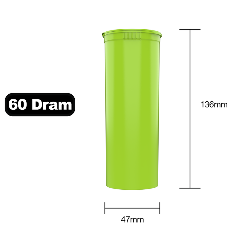 60 Dram Dragon Chewer Lime Green Big Pop Top diagram size template. Capacity 14 gram 1/2 half ounce. 