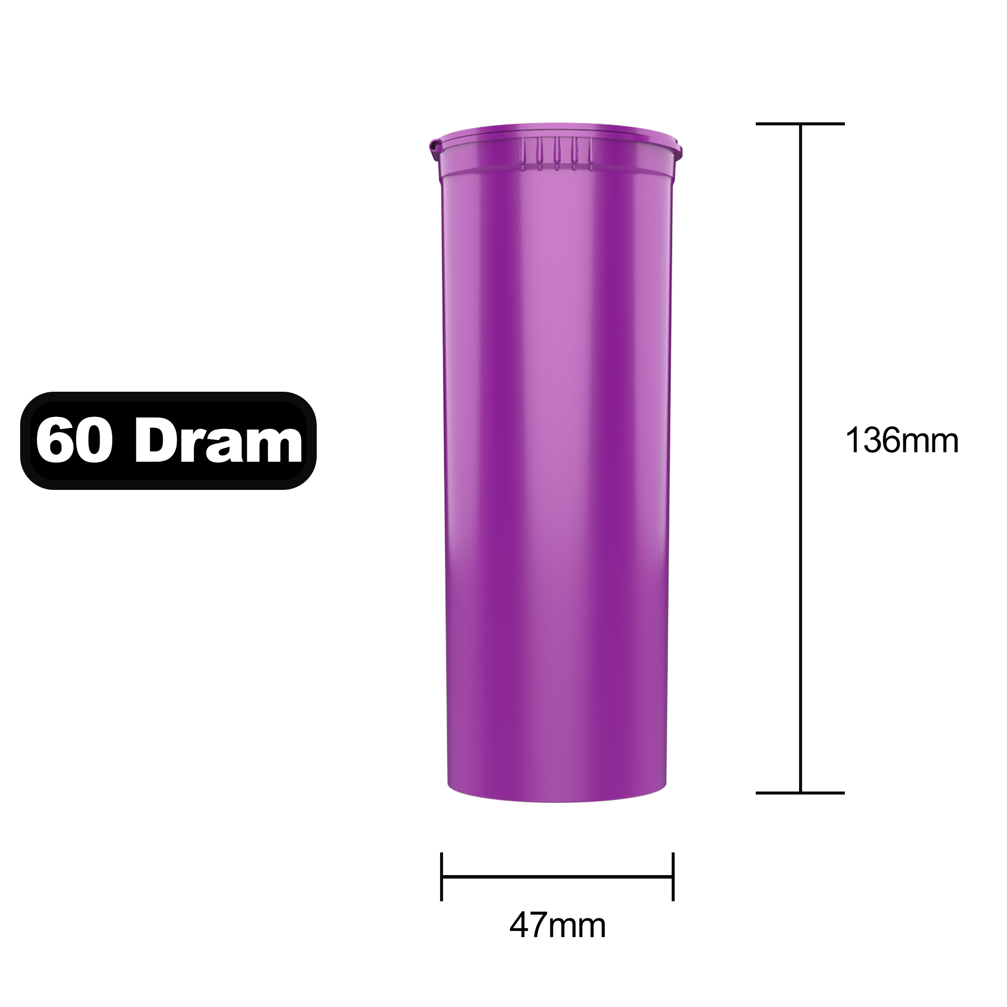 60 Dram Dragon Chewer Purple Big Pop Top diagram size template. Capacity 14 gram 1/2 half ounce. 