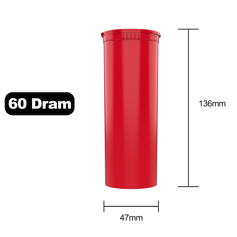 60 Dram Dragon Chewer Red Big Pop Top diagram size template. Capacity 14 gram 1/2 half ounce. 