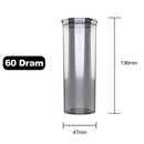 60 Dram Dragon Chewer transparent Smoke Big Pop Top diagram size template. See thru see through marijuana packaging. Capacity 14 gram 1/2 half ounce. 