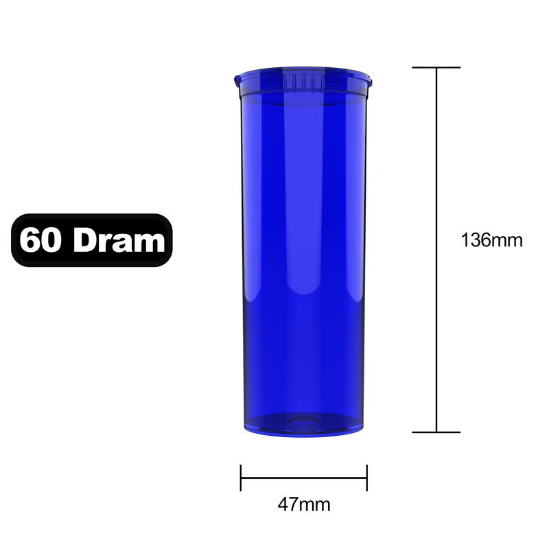 60 Dram Dragon Chewer transparent Blue Big Pop Top diagram size template. See thru see through marijuana packaging. Capacity 14 gram 1/2 half ounce. 