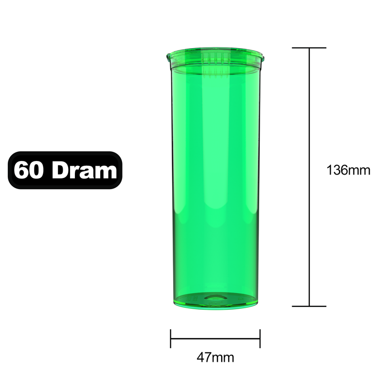 60 Dram Dragon Chewer transparent Green Big Pop Top diagram size template. See thru see through marijuana packaging. Capacity 14 gram 1/2 half ounce. 