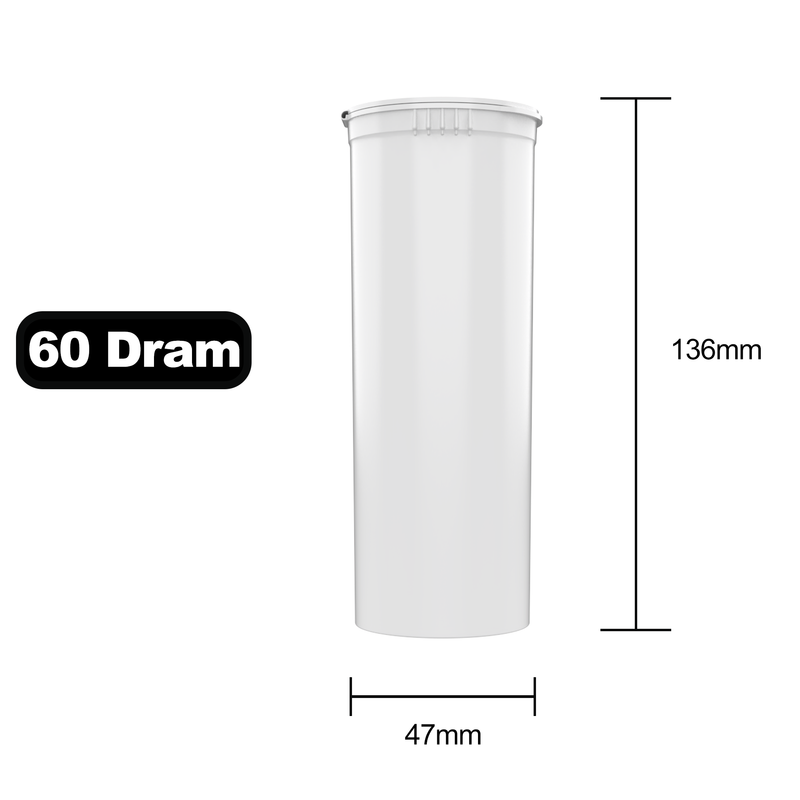 60 Dram Dragon Chewer White Big Pop Top diagram size template. Capacity 14 gram 1/2 half ounce. 7 gram 1/4 ounce.